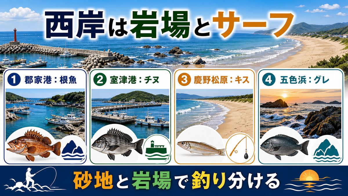 西岸エリア（播磨灘側）：磯とサーフの宝庫の要点をまとめた釣り攻略インフォグラフィック
