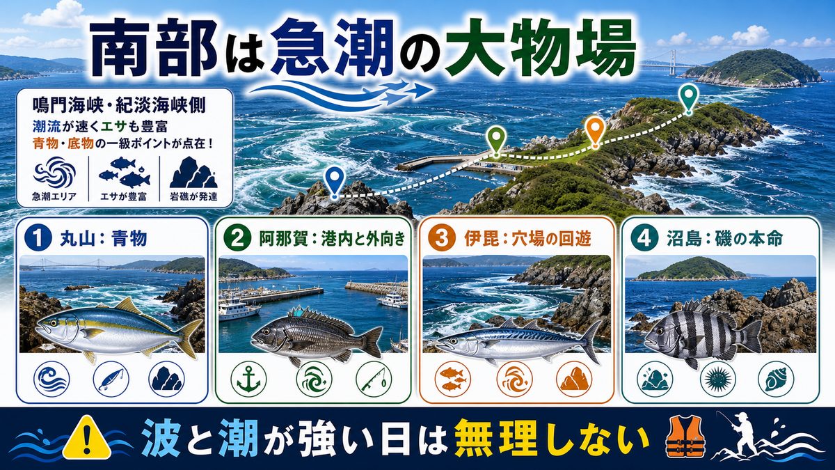 南部エリア（鳴門海峡・紀淡海峡側）：大物の宝庫の要点をまとめた釣り攻略インフォグラフィック