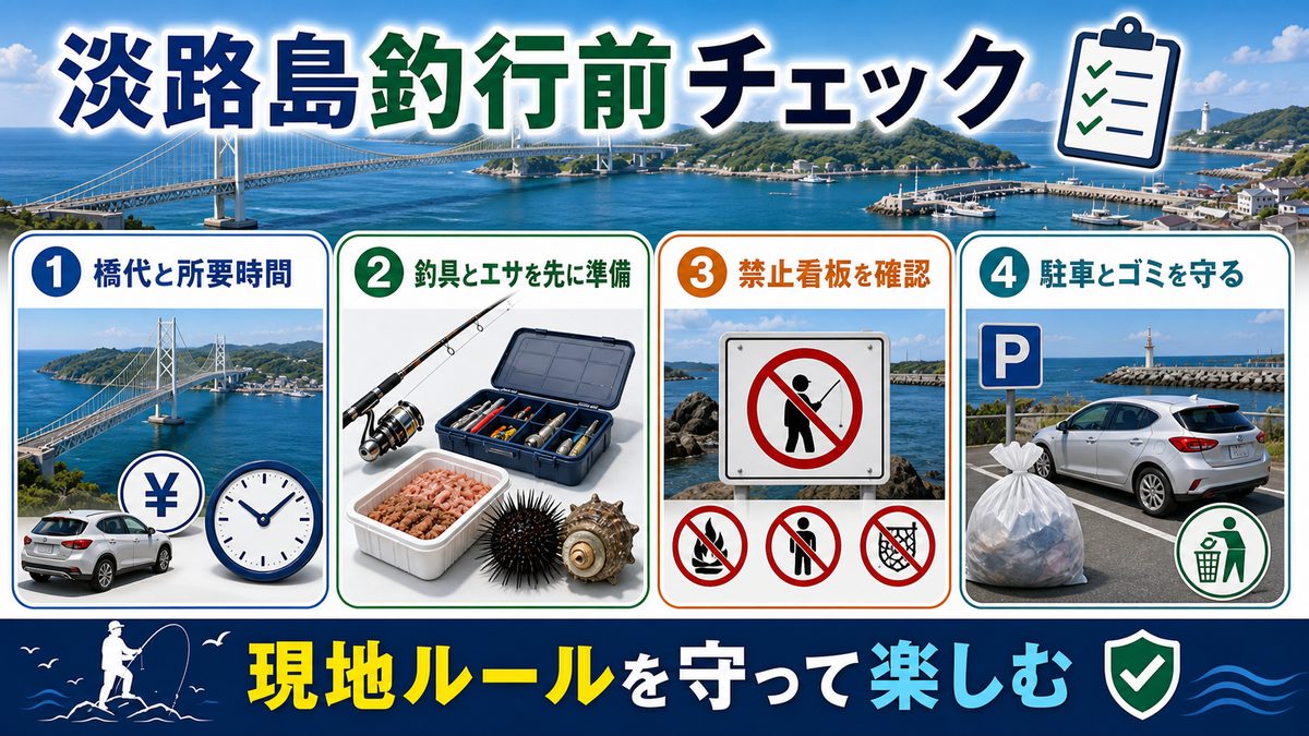 淡路島釣行の実用情報の要点をまとめた釣り攻略インフォグラフィック