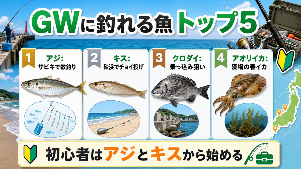 GWに釣れる魚種トップ5——魚種別攻略ガイドの要点をまとめた釣り攻略インフォグラフィック