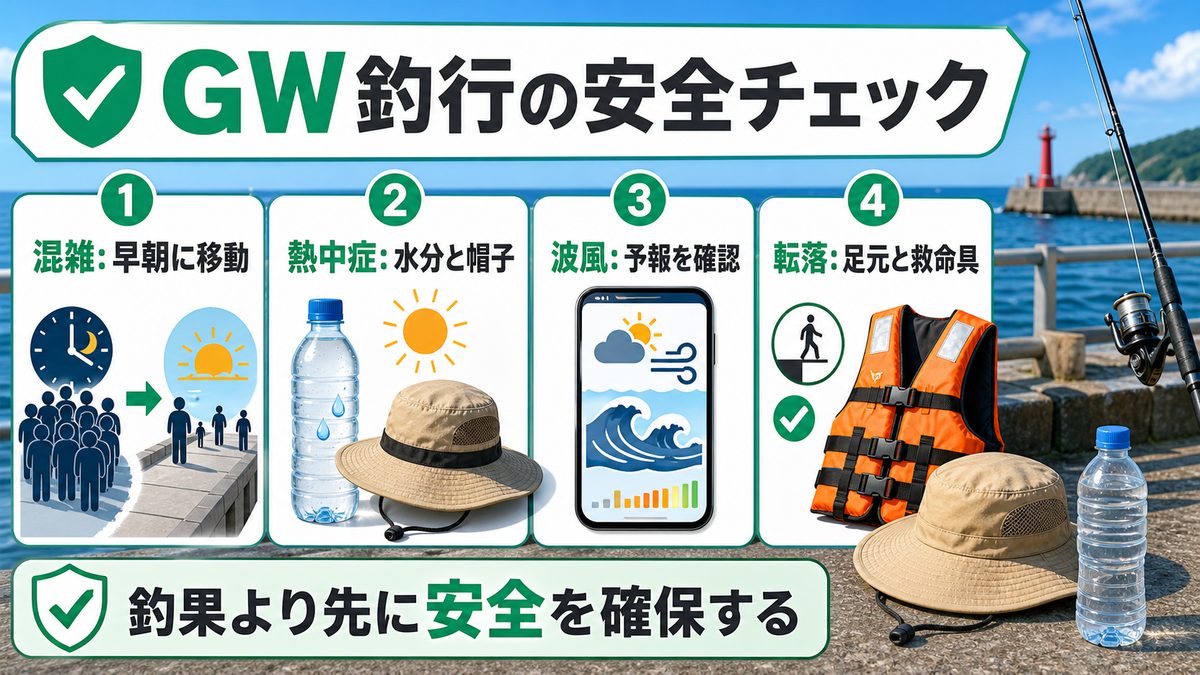 GWの安全情報——混雑・熱中症・波の注意事項の要点をまとめた釣り攻略インフォグラフィック
