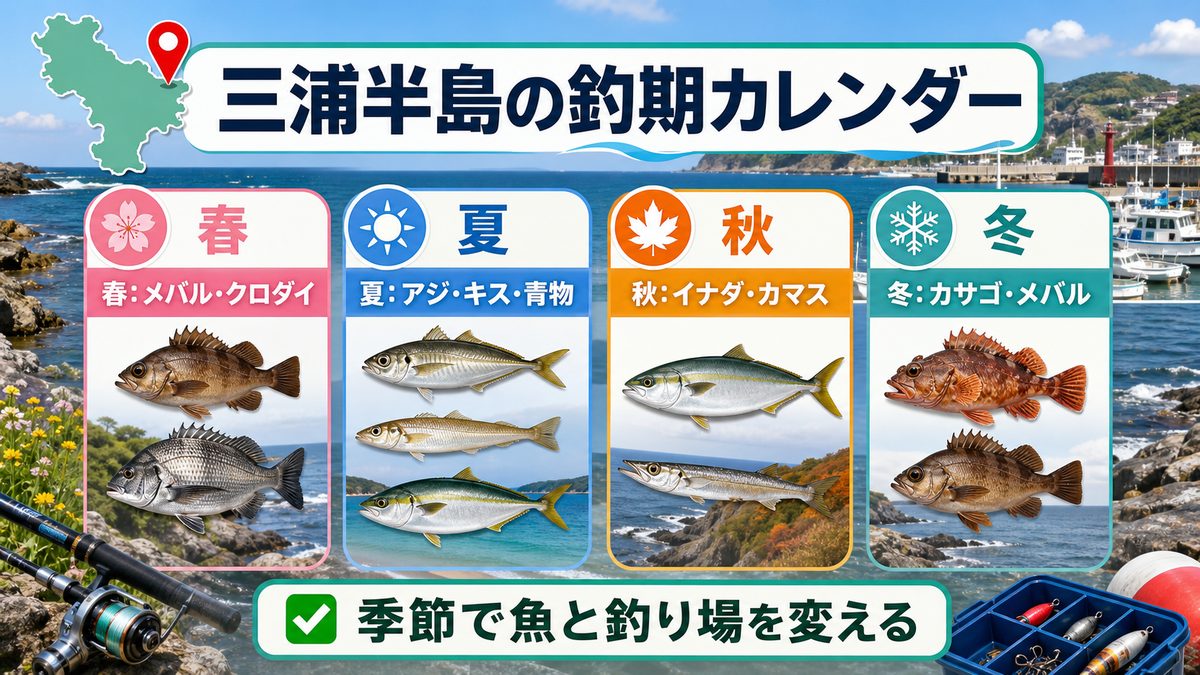 三浦半島で釣れる魚種年間カレンダーの要点をまとめた釣り攻略インフォグラフィック