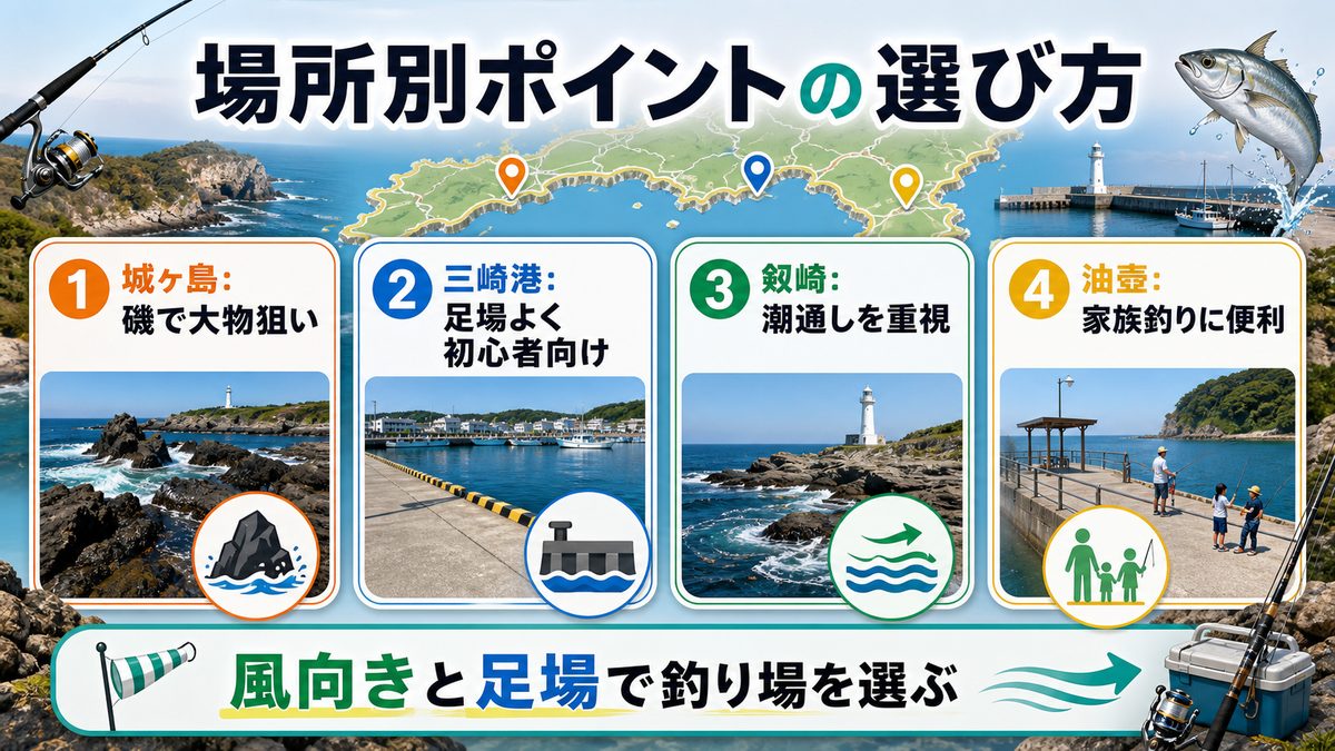 場所別おすすめ釣りポイント詳細の要点をまとめた釣り攻略インフォグラフィック