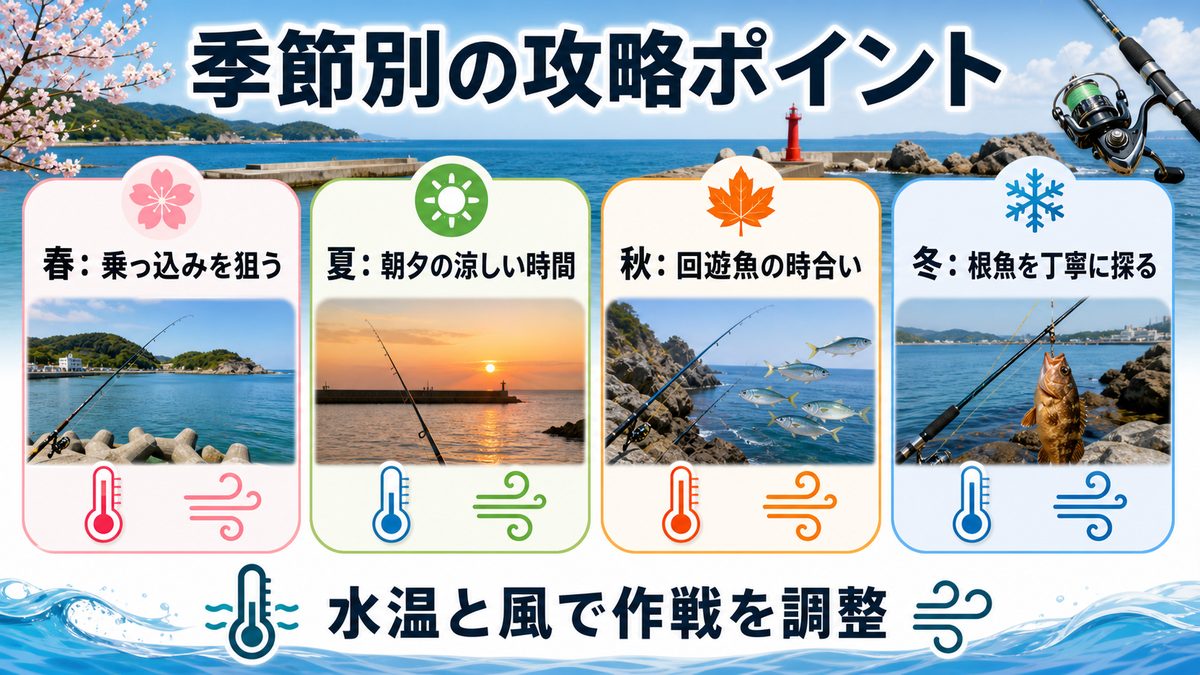 季節別攻略の要点をまとめた釣り攻略インフォグラフィック