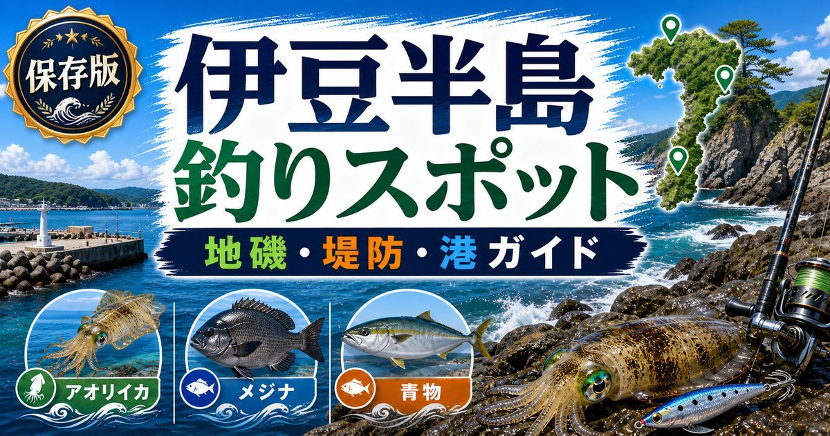 伊豆半島の釣りスポット完全ガイド｜地磯・堤防・港で楽しむ静岡屈指のフィールドを厳選紹介の要点を伝える釣り記事アイキャッチ画像