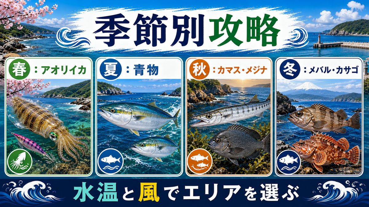 季節別攻略法の要点をまとめた釣り攻略インフォグラフィック
