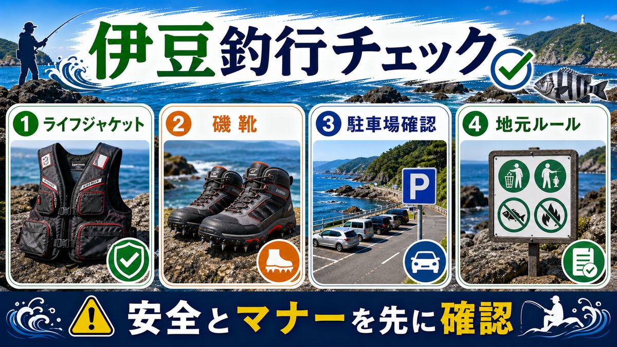 初めて伊豆へ行く人へ｜安全・装備・マナー完全ガイドの要点をまとめた釣り攻略インフォグラフィック