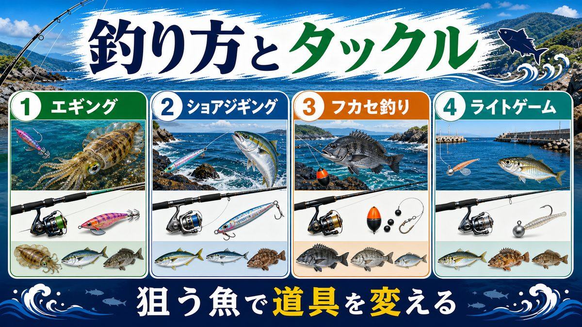 釣り方・タックル詳細ガイドの要点をまとめた釣り攻略インフォグラフィック