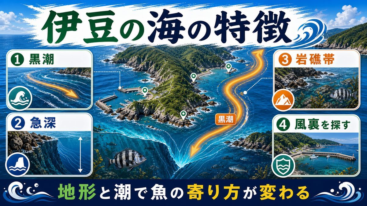 伊豆半島の地形・海洋環境の要点をまとめた釣り攻略インフォグラフィック