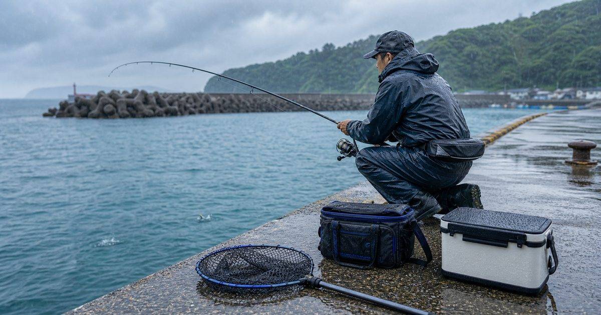 梅雨の堤防釣りを表す雨天の海釣りアイキャッチ