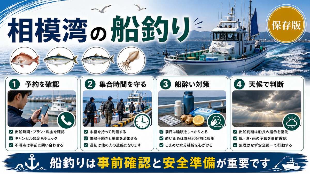 相模湾の船釣りスポットと主要遊漁船の要点をまとめた釣り攻略インフォグラフィック