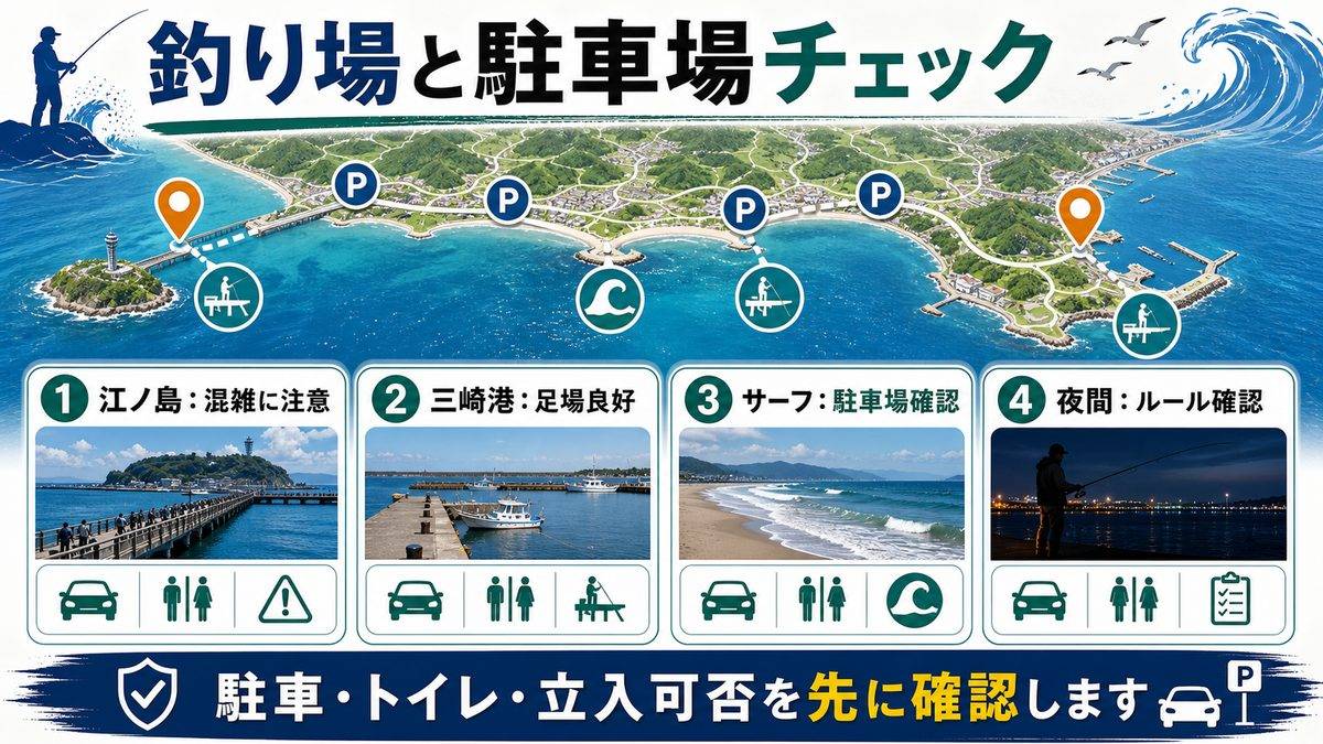 湘南・三浦エリアの釣り場一覧と駐車場情報の要点をまとめた釣り攻略インフォグラフィック