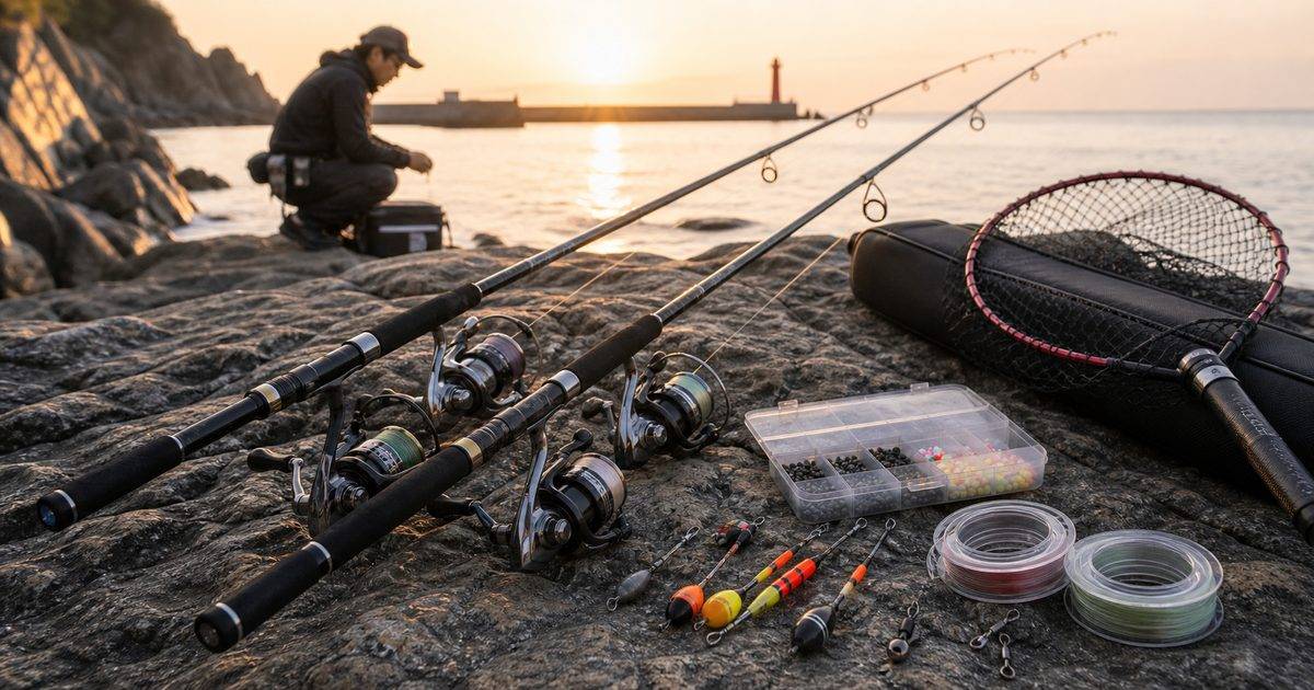 磯釣り用ロッド選びを表す海辺のロッドと仕掛けのアイキャッチ