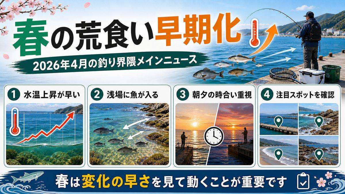 4月の釣り界隈メインニュース：春の荒食い早期化と注目スポットの要点をまとめた釣り攻略インフォグラフィック