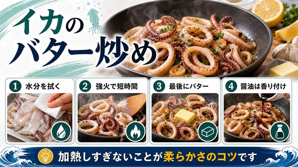 6. イカのバター炒め|シンプルで最高に旨い定番レシピの要点をまとめた釣り攻略インフォグラフィック
