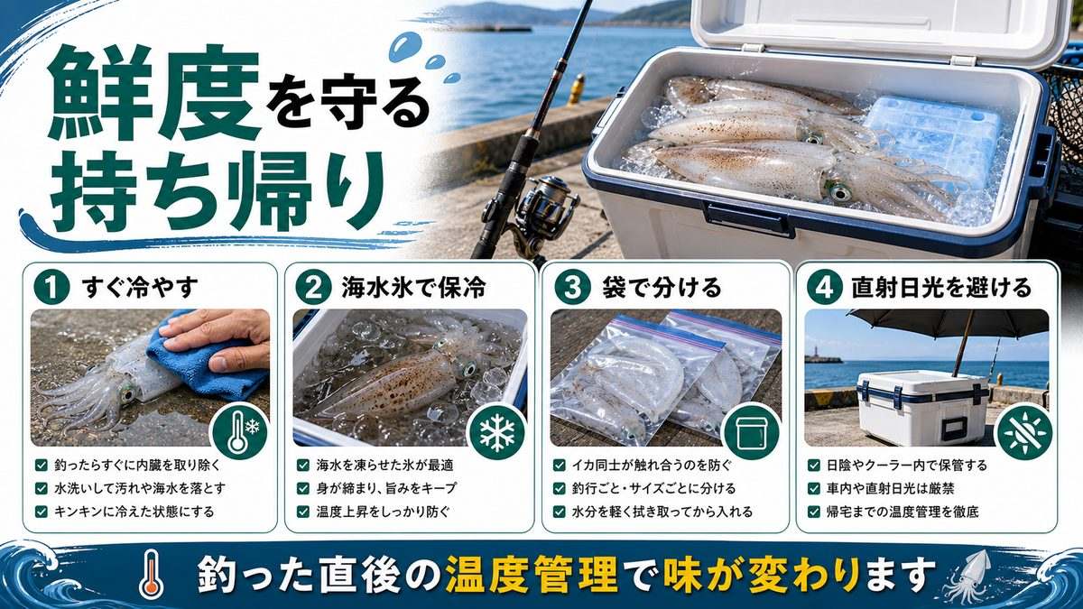 2. 釣り場での処理・持ち帰り方法|鮮度を守る現場処理の要点をまとめた釣り攻略インフォグラフィック