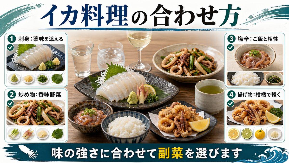 7. イカ料理に合うお酒と副菜の提案の要点をまとめた釣り攻略インフォグラフィック