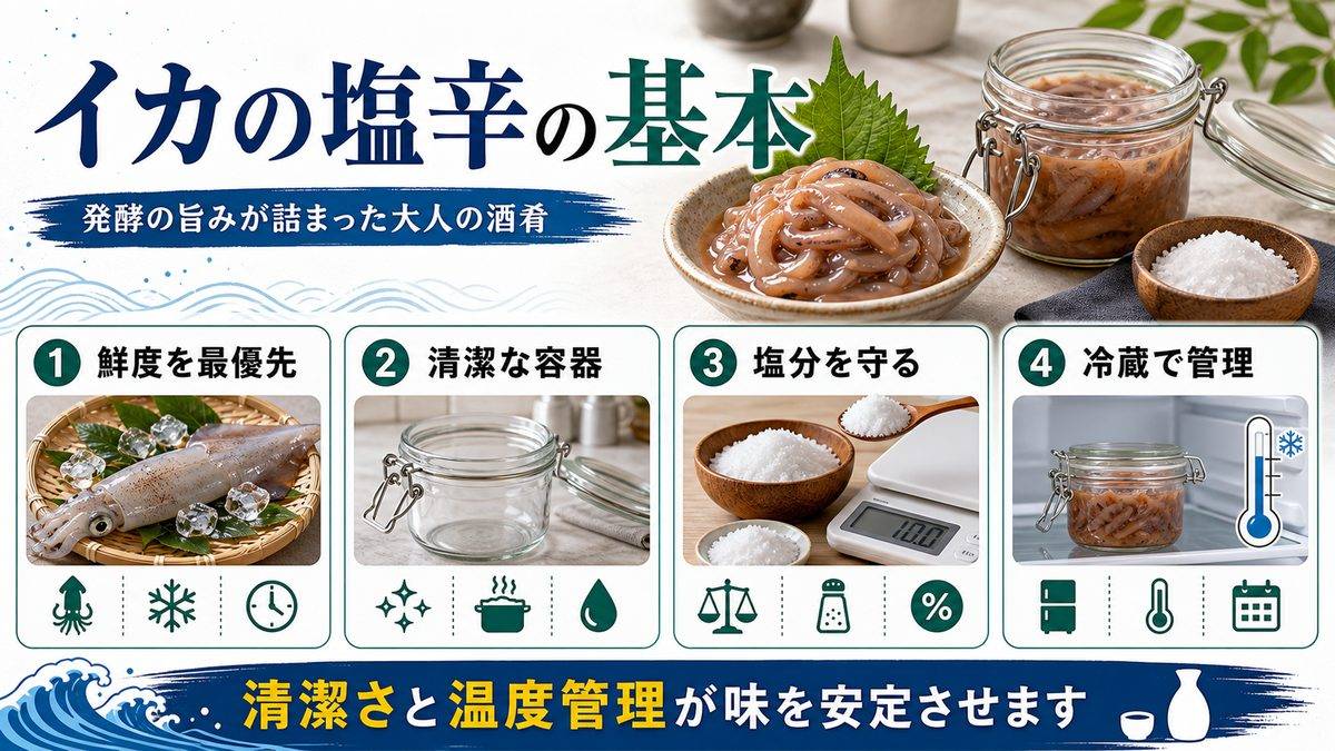 5. イカの塩辛|発酵の旨みが詰まった大人の酒肴の要点をまとめた釣り攻略インフォグラフィック