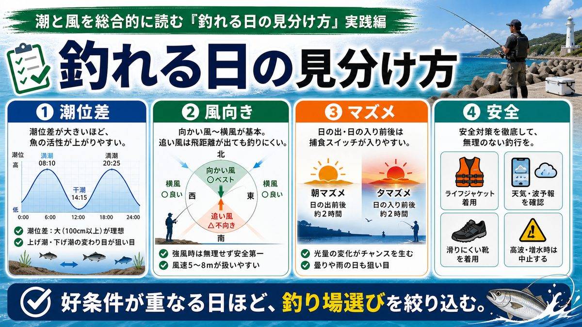 潮と風を総合的に読む「釣れる日の見分け方」実践編の要点をまとめた釣り攻略インフォグラフィック