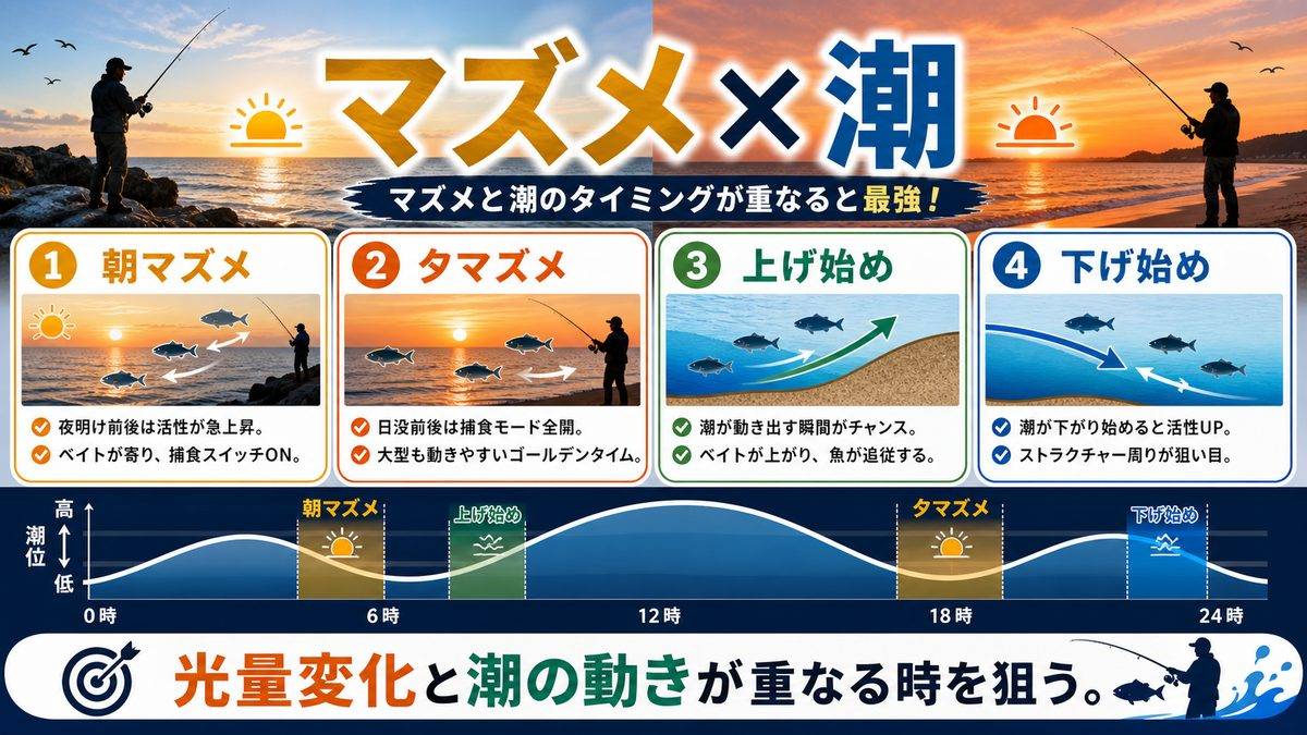 「マズメ」と潮のタイミングが重なると最強の要点をまとめた釣り攻略インフォグラフィック