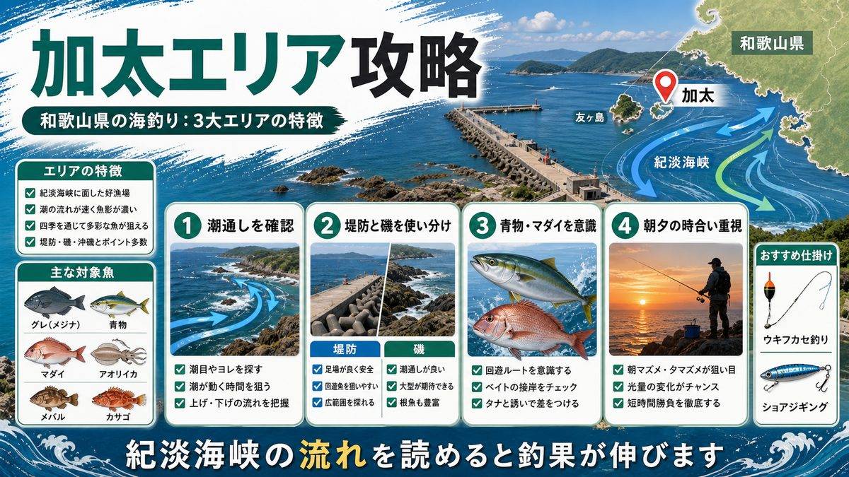 加太(かだ)釣り場完全ガイドの要点をまとめた釣り攻略インフォグラフィック