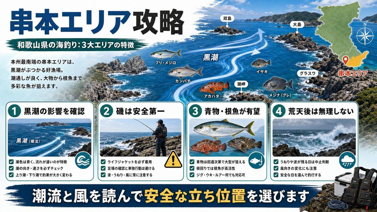 串本(くしもと)釣り場完全ガイドの要点をまとめた釣り攻略インフォグラフィック