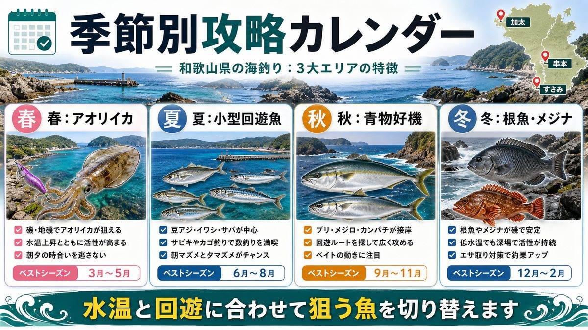 季節別攻略法の要点をまとめた釣り攻略インフォグラフィック