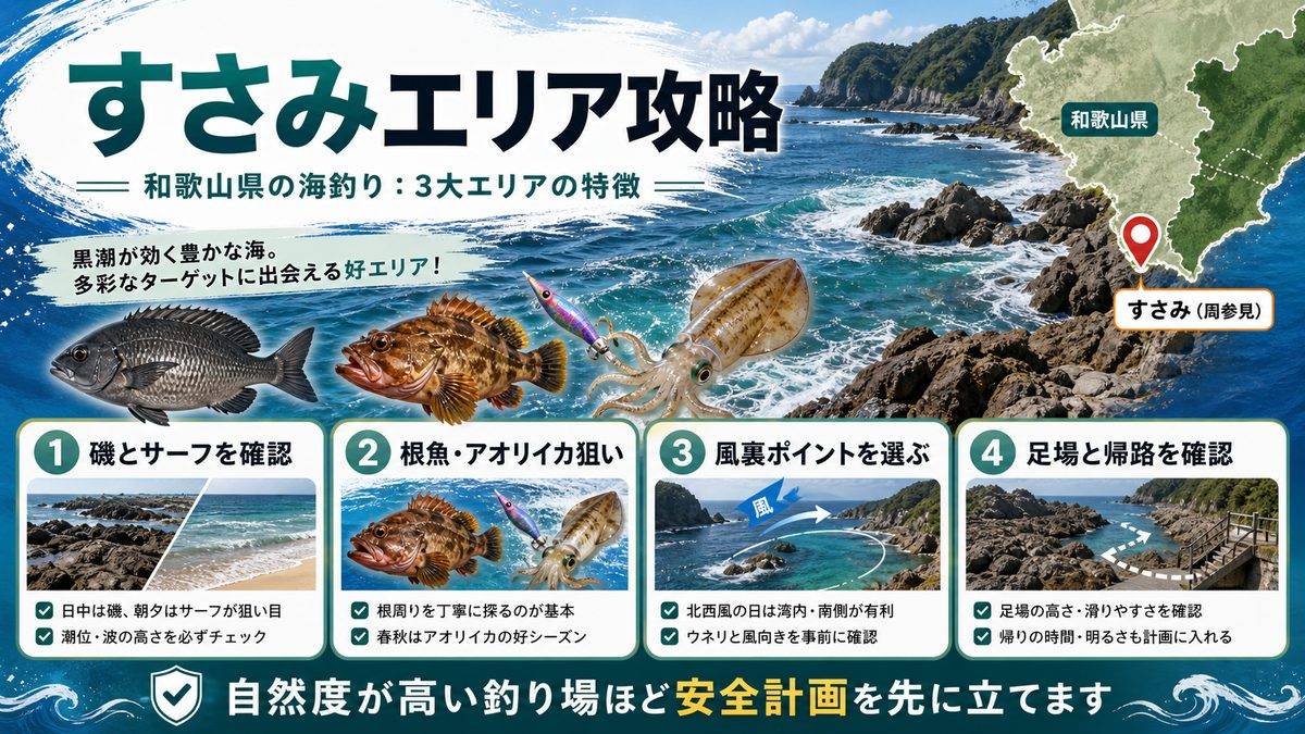 すさみ(周参見)釣り場完全ガイドの要点をまとめた釣り攻略インフォグラフィック