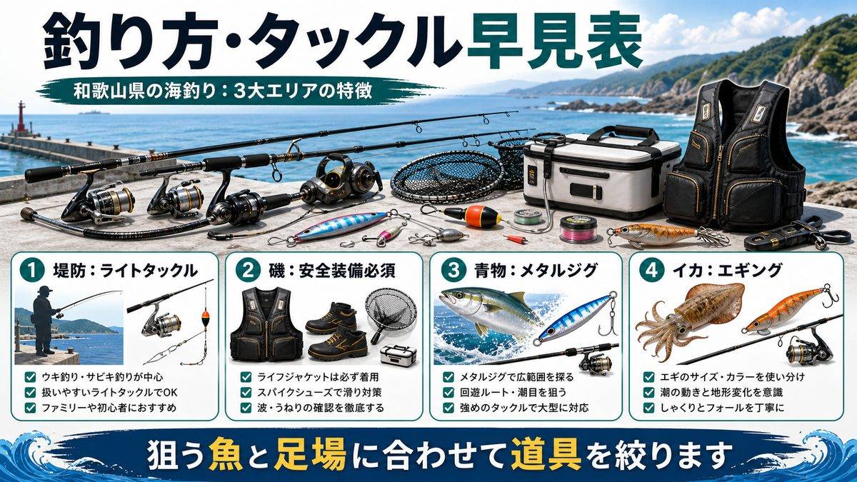 和歌山県 釣り方・タックル詳細の要点をまとめた釣り攻略インフォグラフィック