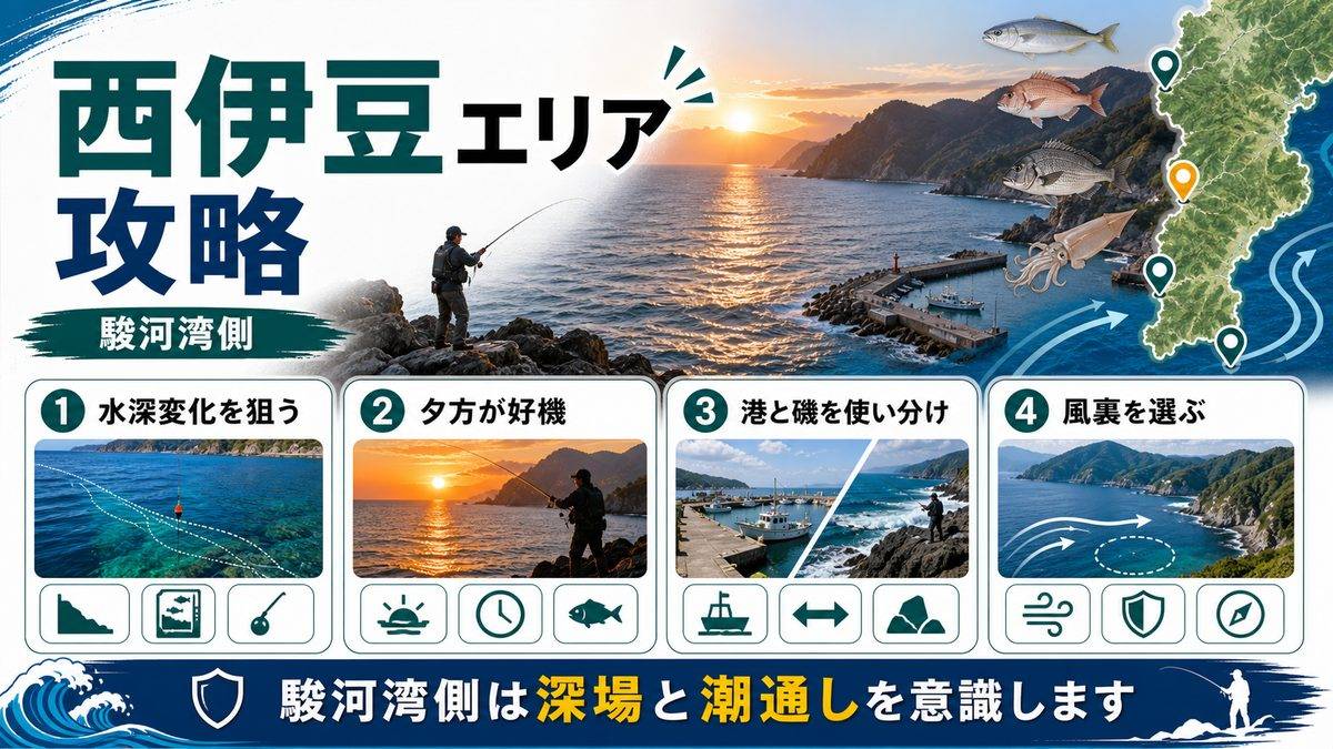 西伊豆エリアの釣りスポット——駿河湾側の要点をまとめた釣り攻略インフォグラフィック