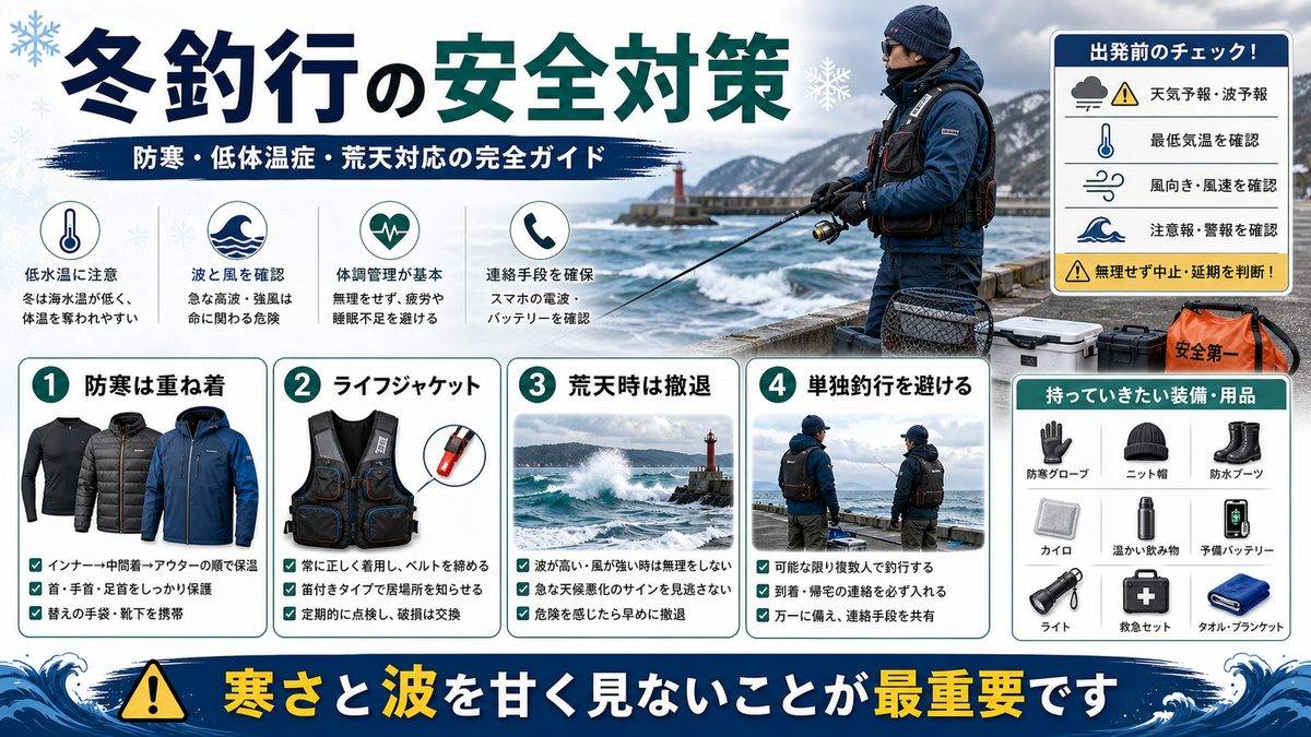 冬の海釣り安全対策:防寒・低体温症・荒天対応の完全ガイドの要点をまとめた釣り攻略インフォグラフィック