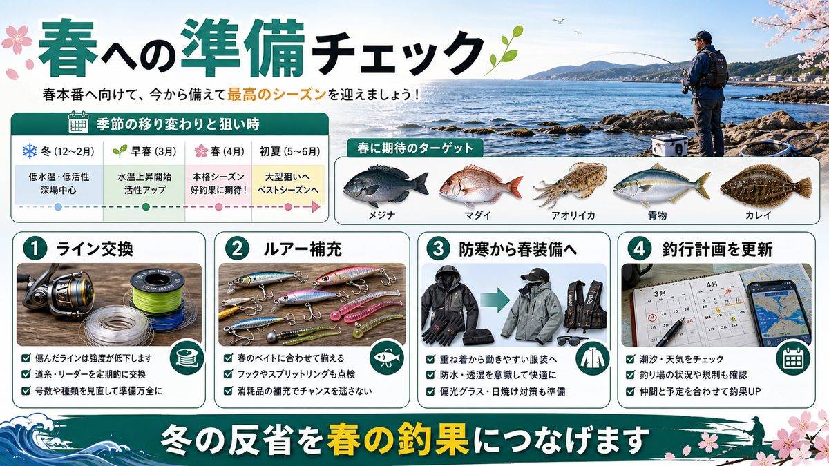 春への展望:2026年3〜4月に向けた準備と期待の要点をまとめた釣り攻略インフォグラフィック
