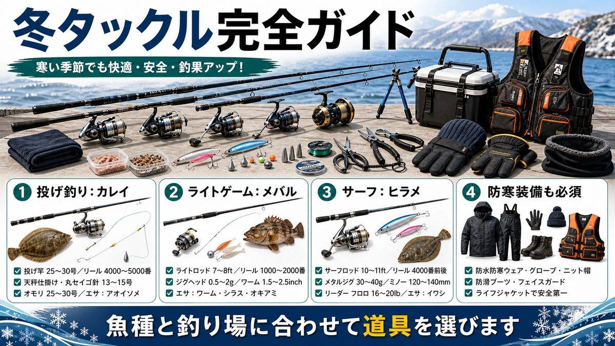 冬の海釣りおすすめタックル完全ガイドの要点をまとめた釣り攻略インフォグラフィック