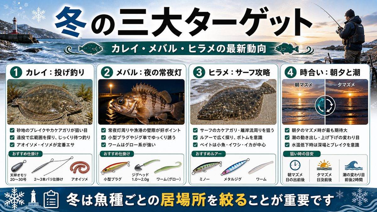 冬の三大ターゲット深掘りレポート|カレイ・メバル・ヒラメの最新動向の要点をまとめた釣り攻略インフォグラフィック