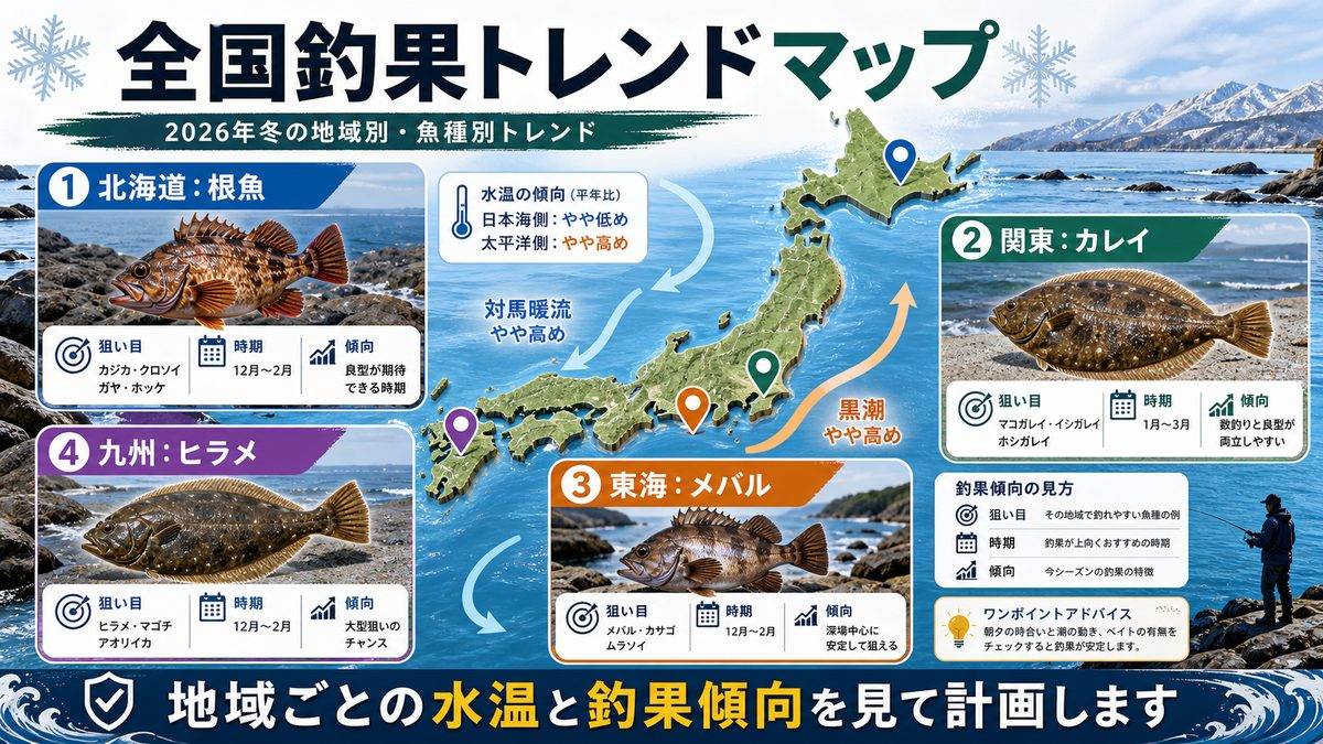 2026年冬の全国釣果情報|地域別・魚種別トレンドマップの要点をまとめた釣り攻略インフォグラフィック