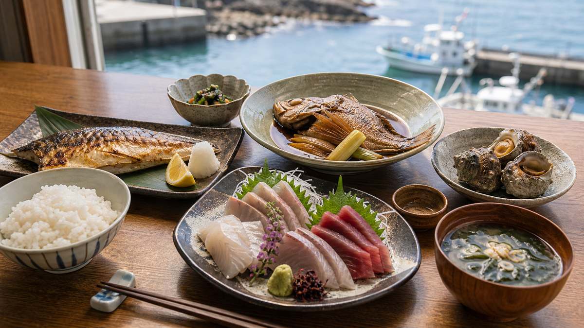 三陸海岸の海洋環境：なぜこれほど魚が多いのか：三陸のブランド魚と地元グルメの内容を示す釣り写真