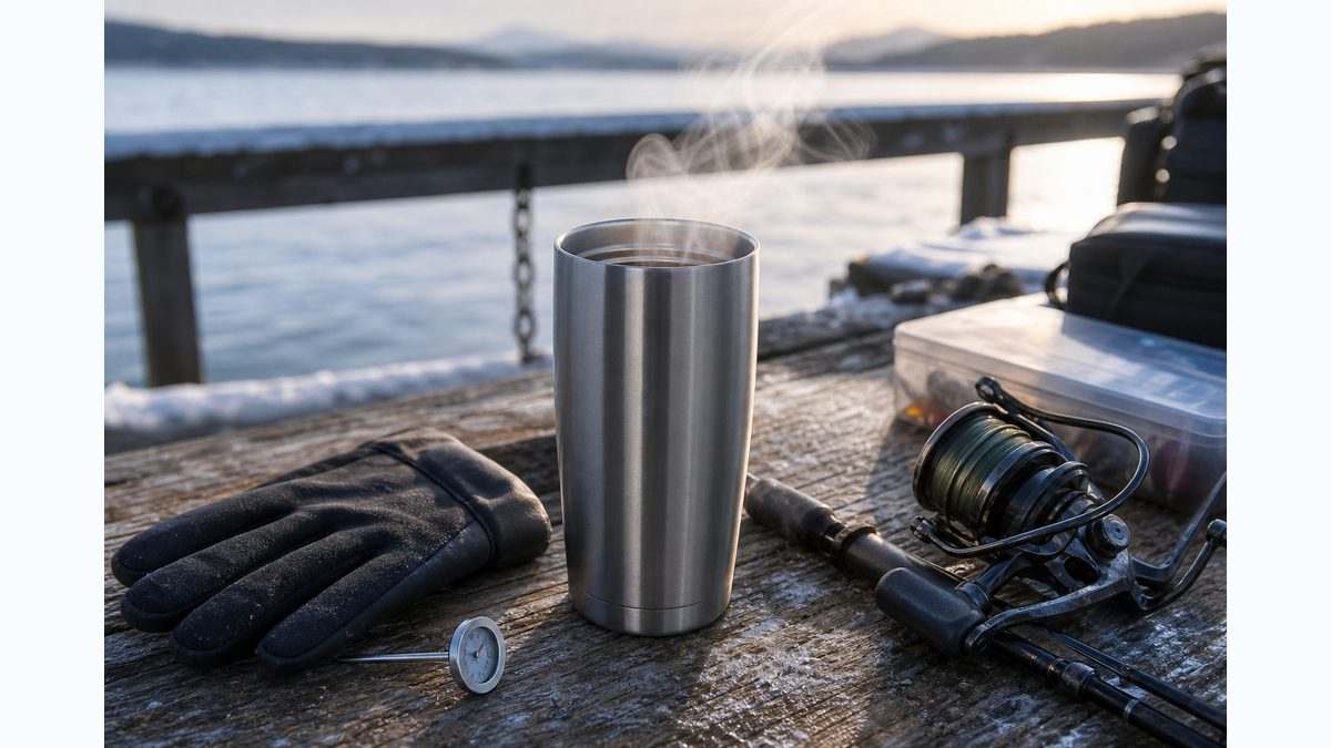 冬の釣り場で温かい飲み物を保温するステンレスタンブラー