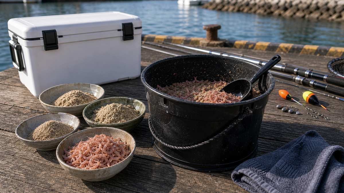 フカセ釣りとは何か——原理と他釣法との違い:コマセ(撒き餌)の作り方と配合レシピの内容を示す釣り写真