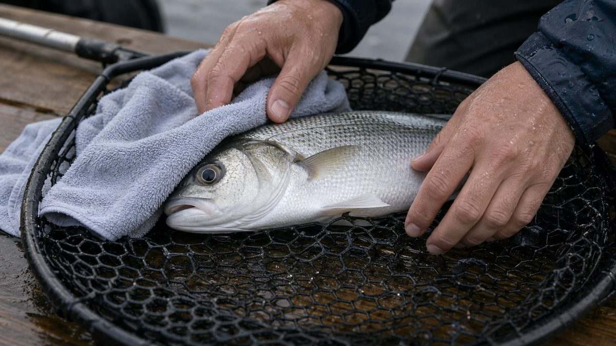 濡れたタオルで魚を落ち着かせながら扱う安全な魚の扱い方