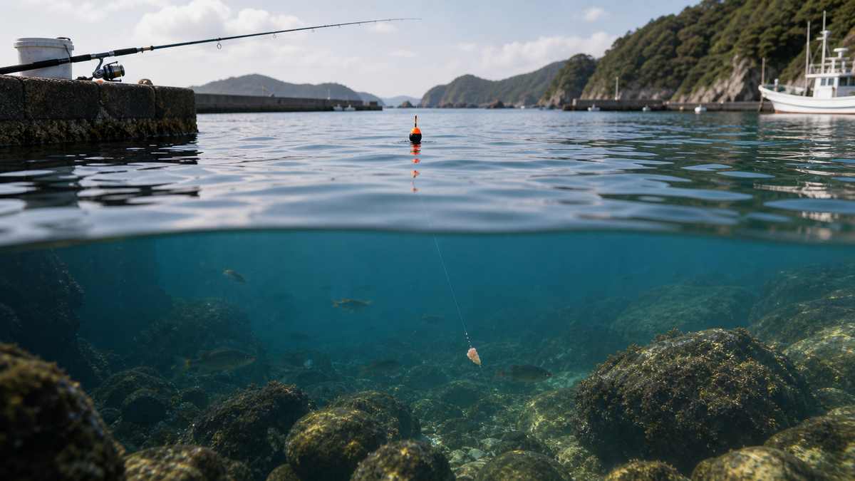 フカセ釣りとは何か——原理と他釣法との違い:タナ(水深)の合わせ方と魚の層(レンジ)の読み方の内容を示す釣り写真