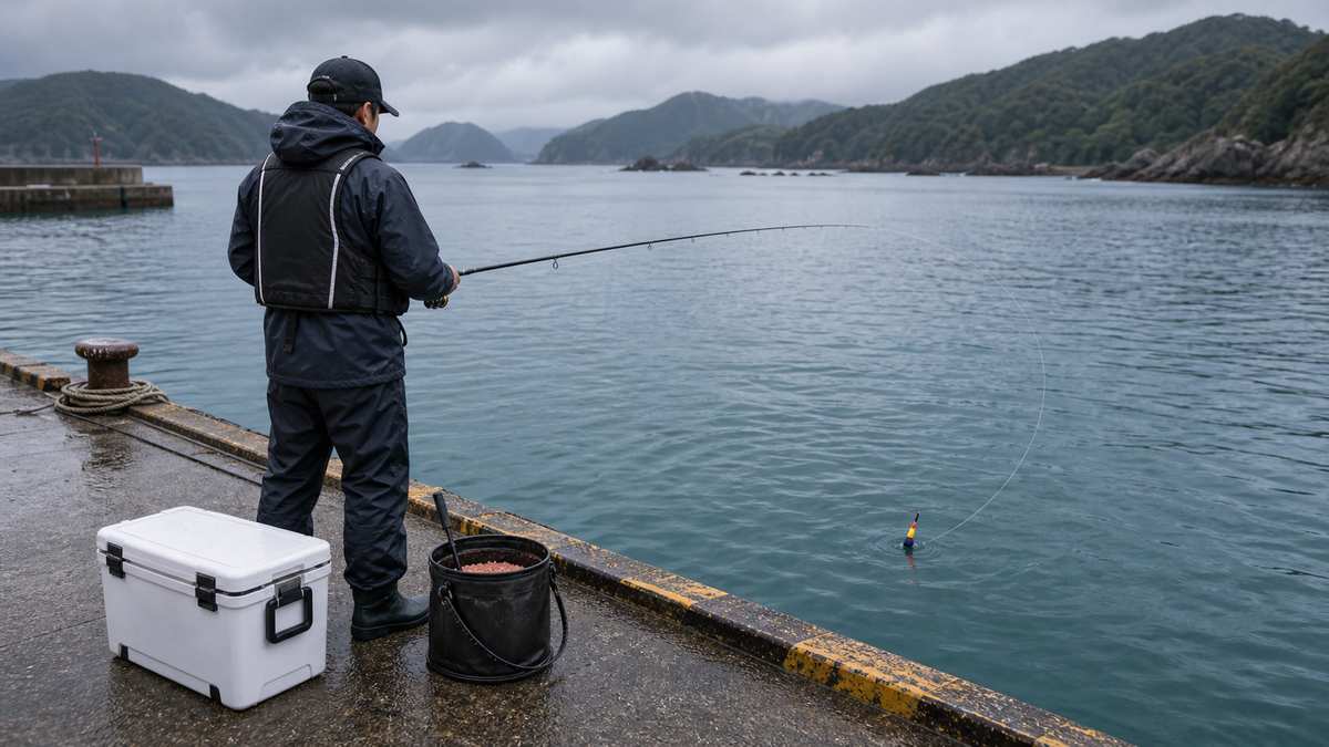フカセ釣りとは何か——原理と他釣法との違い:仕掛けを流す技術——ラインメンディングとウキ操作の内容を示す釣り写真