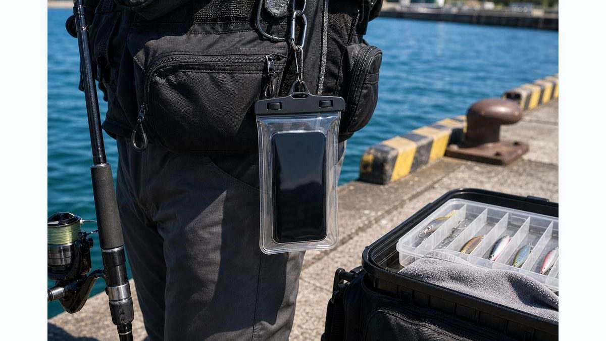 釣り用ベストに固定した防水フローティングスマホケース