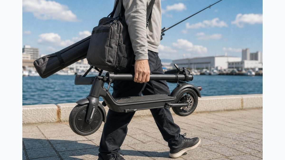 小型電動キックスクーターとコンパクトな釣具を持って港を移動する様子