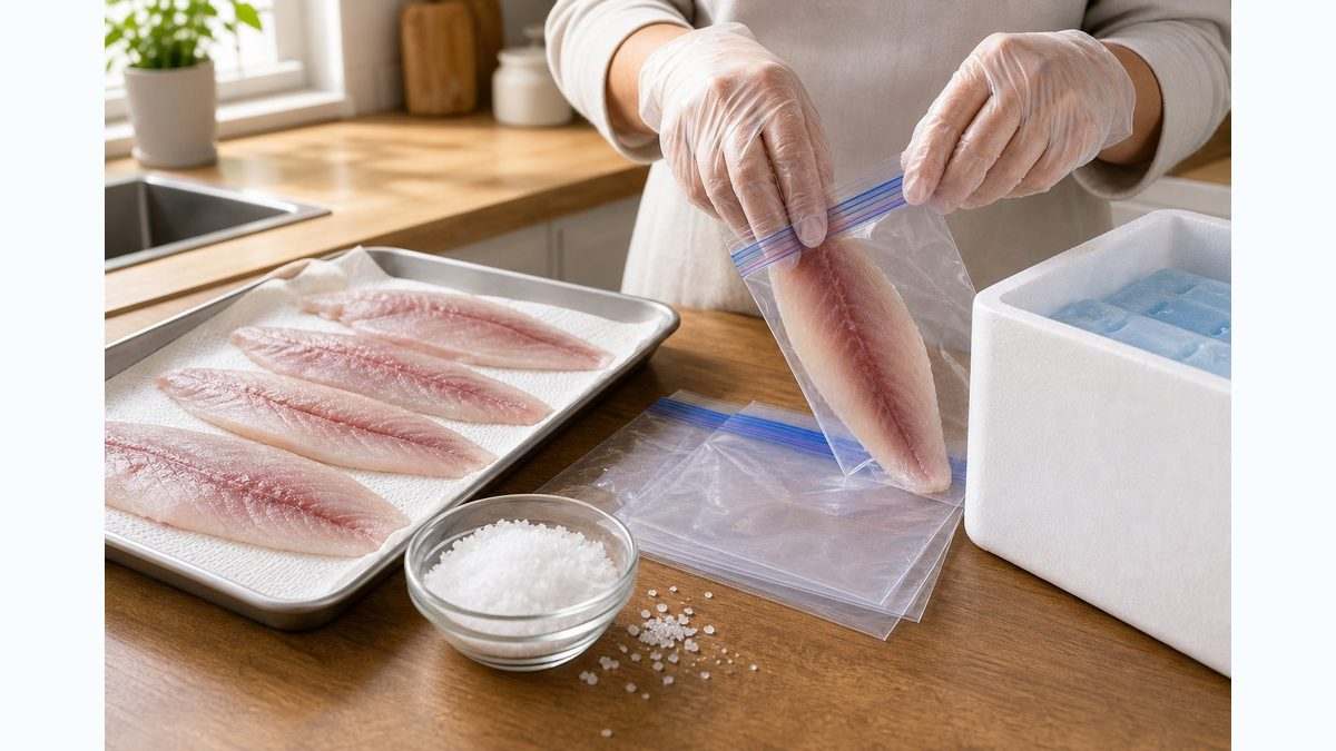 魚の切り身を塩と保存袋で冷凍準備する清潔な手順イメージ