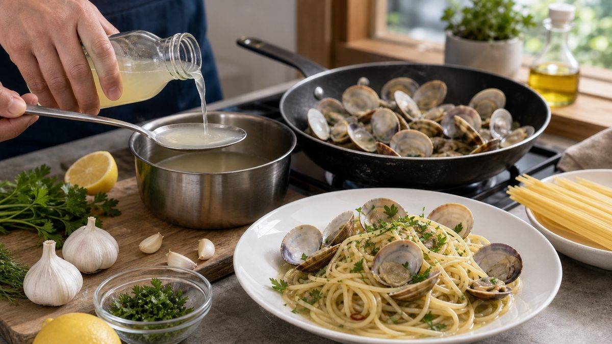 クラムジュースを使うだけで本格派なパスタになる！の要点をまとめた釣り攻略インフォグラフィック