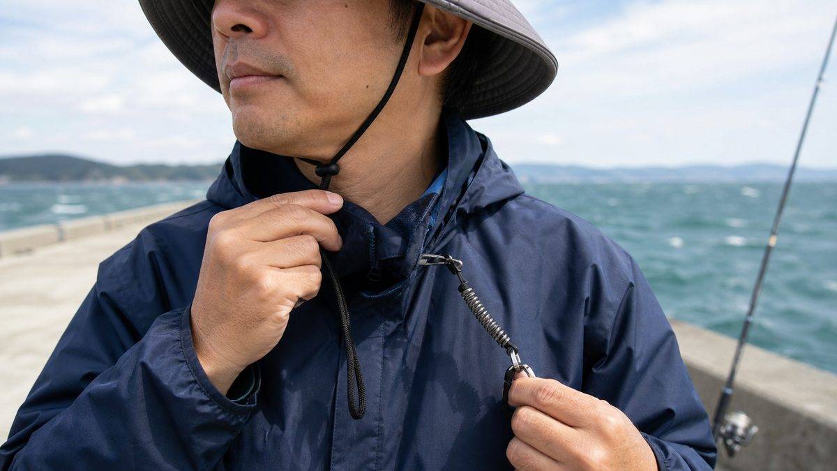 7. サイズ調整と着用時の注意点｜風で飛ばないための工夫の要点をまとめた釣り攻略インフォグラフィック