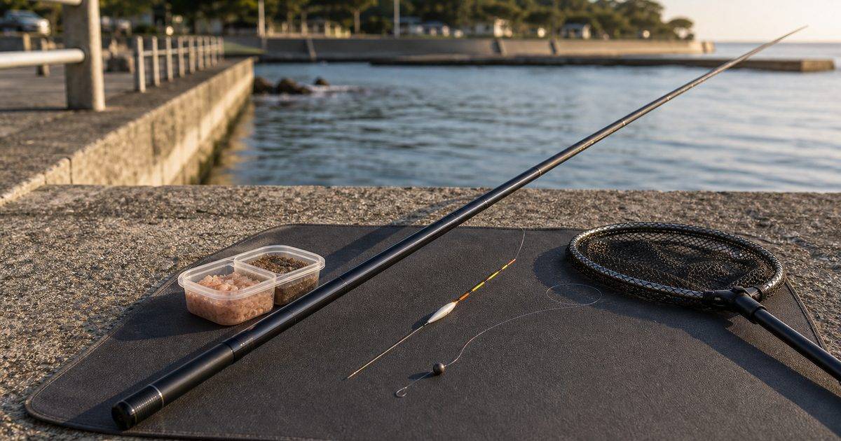 延べ竿のシンプルな仕掛けと港での釣りを表したアイキャッチ