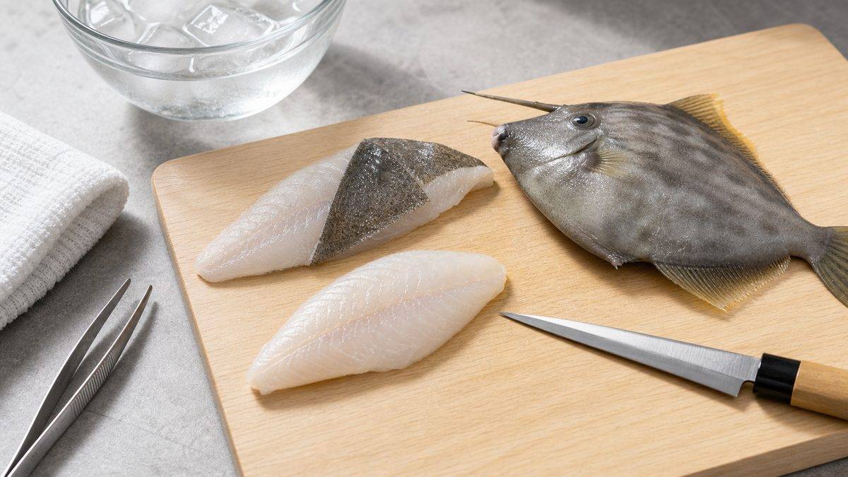 硬い皮の剥ぎ方と三枚おろしのコツの要点をまとめた釣り攻略インフォグラフィック