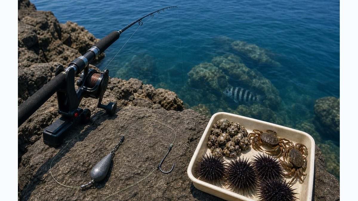 イシダイのぶっこみ釣り――ウニ・フジツボ餌の仕掛けと攻略法の要点をまとめた釣り攻略インフォグラフィック