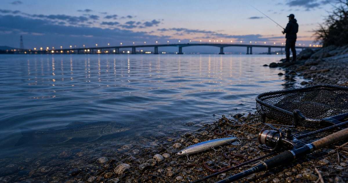 初春の浜名湖でバチ抜けを意識してシーバスを狙うイメージ